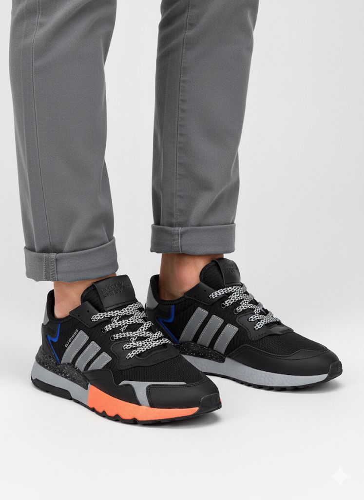 Renkli Detaylı Sneaker Kombin Gri pantolon ve turuncu mavi detaylı siyah spor ayakkabı kombini