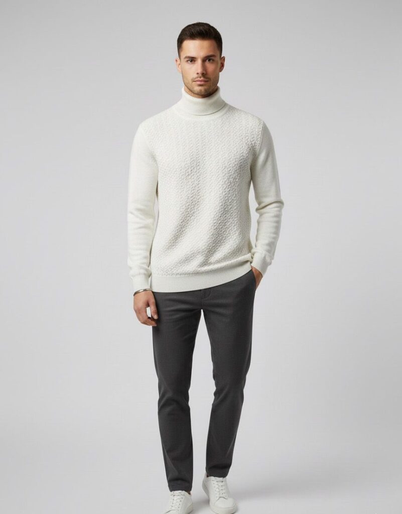 Krem dokulu örgü balıkçı yaka kazak ve koyu gri pantolon kombini