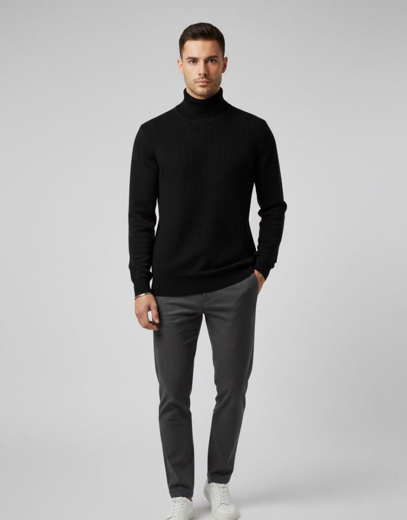 Siyah dokulu örgü balıkçı yaka kazak ve gri kumaş pantolon kombini