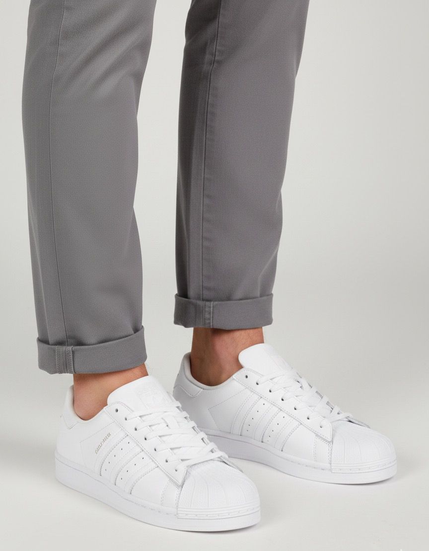 Beyaz Midye Burun Kombin Gri pantolon ve tam beyaz midye burunlu spor ayakkabı kombini