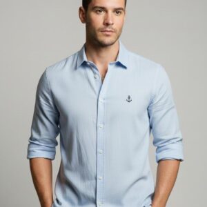 Açık mavi çapa desenli uzun kollu erkek gömlek