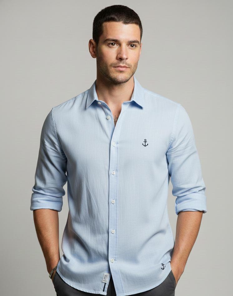 Açık mavi çapa desenli uzun kollu erkek gömlek