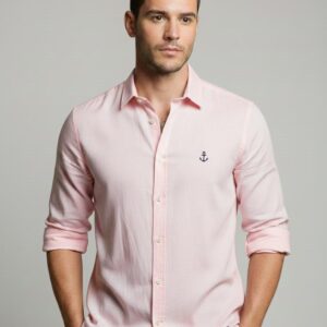 Açık pembe çapa desenli uzun kollu erkek gömlek