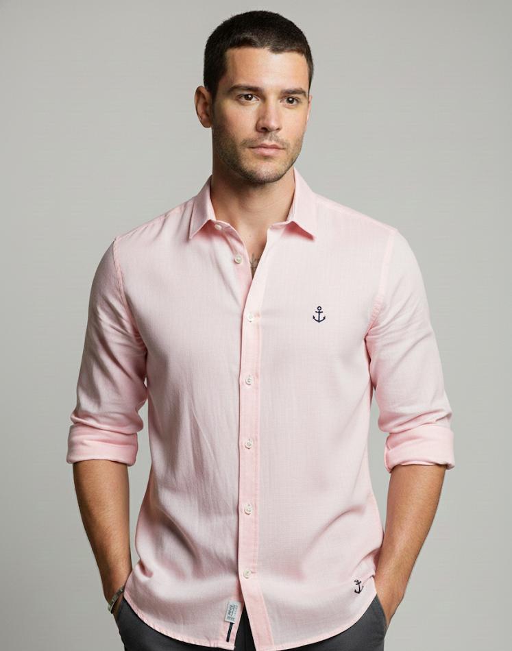 Açık pembe çapa desenli uzun kollu erkek gömlek