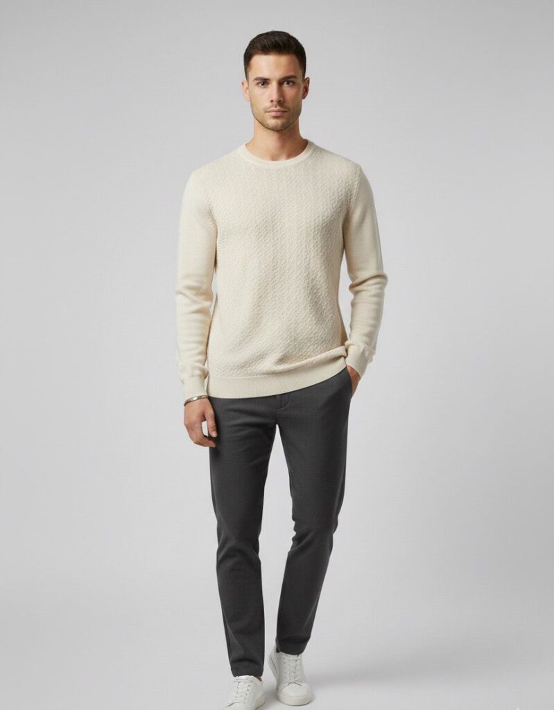 Krem dokulu örgü bisiklet yaka kazak ve koyu gri pantolon kombini