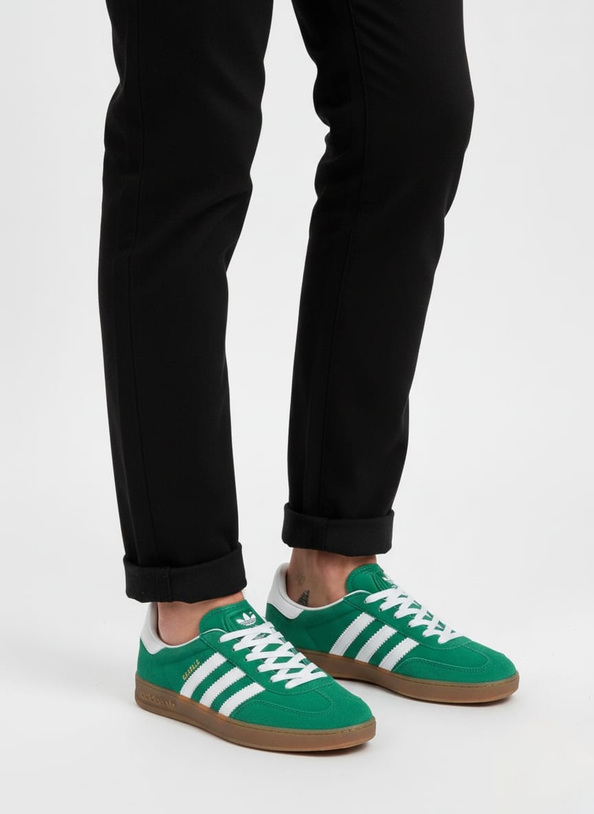 Yeşil Süet Ayakkabı Kombin Siyah pantolon ve yeşil süet spor ayakkabı kombini