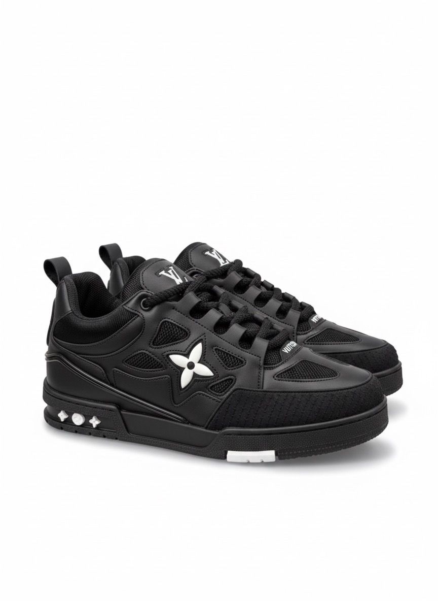 Erkek Siyah Skate Tarzı Sneaker Siyah kalın tabanlı ve çiçek detaylı erkek spor ayakkabı