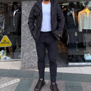 Siyah kargo ceket ön duruş erkek modeli