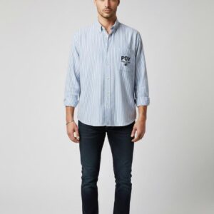 Mavi beyaz çizgili ve cep üzeri logo baskılı erkek gömlek