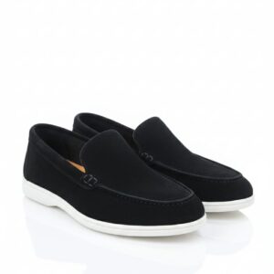 Siyah süet dokulu beyaz tabanlı erkek loafer ayakkabı