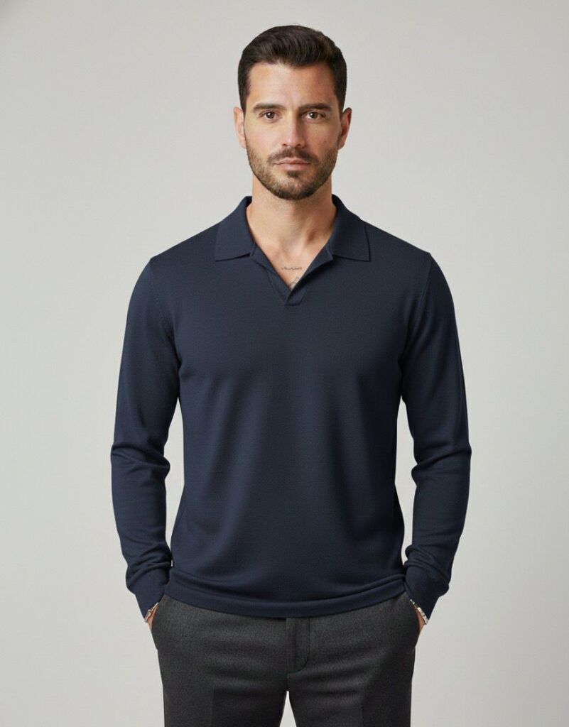 Lacivert uzun kollu polo yaka triko ve gri pantolon kombini