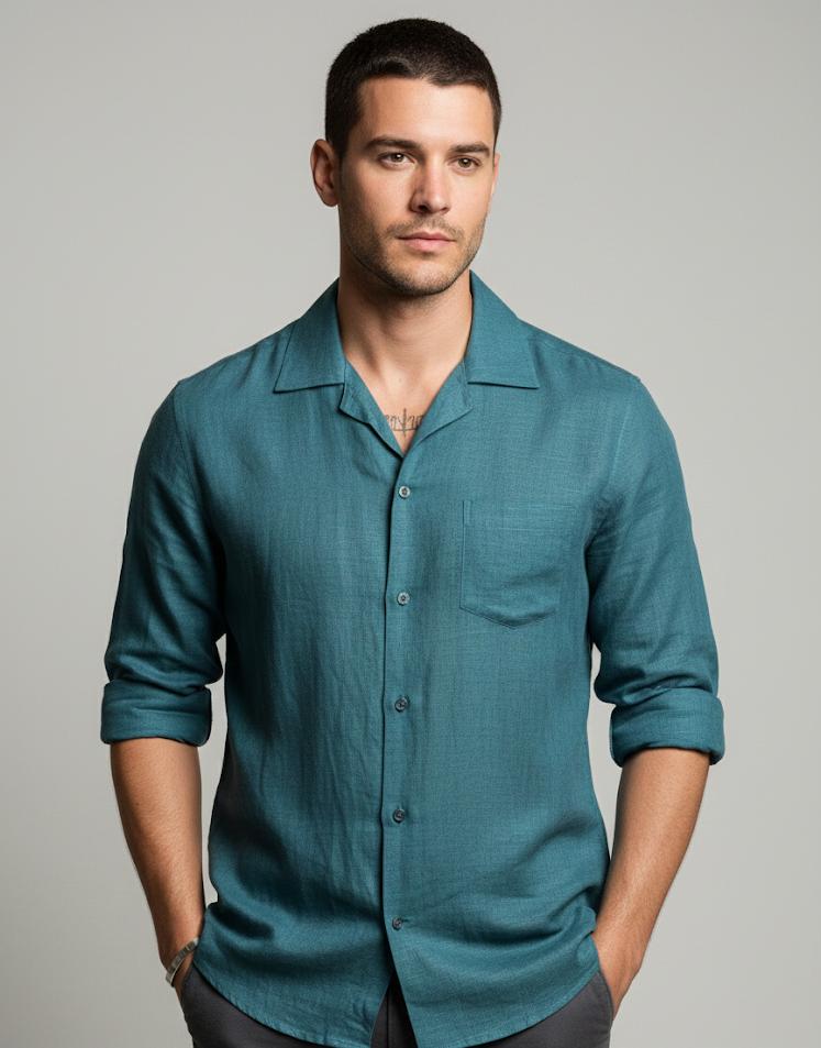 Petrol yeşili keten görünümlü yazlık yaka gömlek