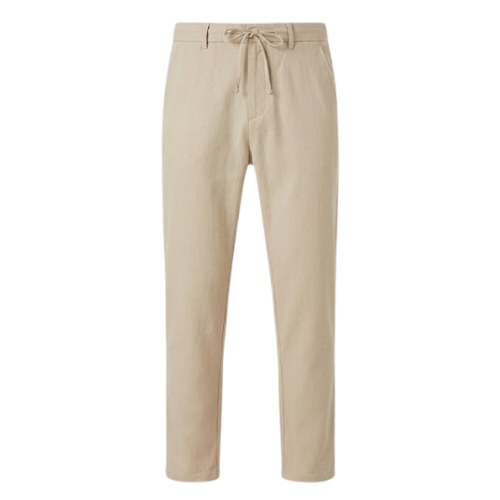 Erkek bej/krem slim fit chino pantolon, bağlamalı büzgülü bel, yazlık rahat pantolon