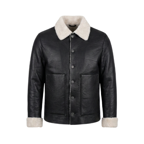 Erkek siyah deri görünümlü kuzu yünü yakalı mont, kışlık ceket, pilot tarzı mont