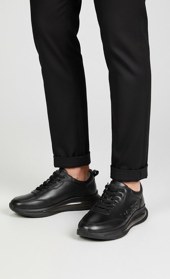 Erkek Siyah Hakiki Deri Görünümlü Kabartma Logolu Sneaker