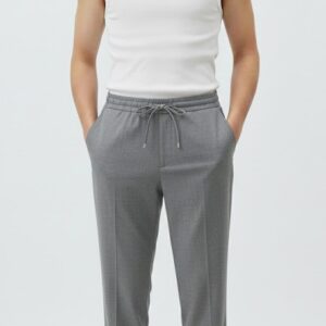 Erkek Gri Beli Lastikli ve Bağcıklı Modern Kumaş Pantolon