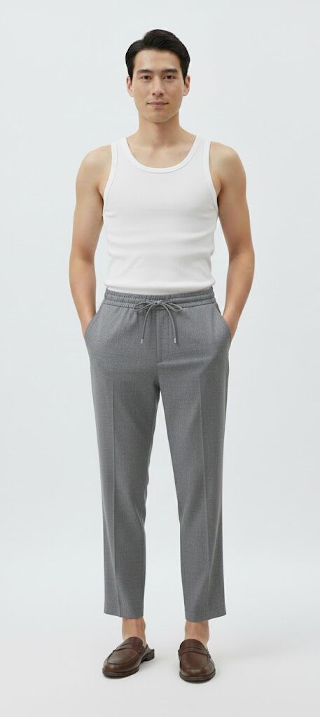 Erkek Gri Beli Lastikli ve Bağcıklı Modern Kumaş Pantolon